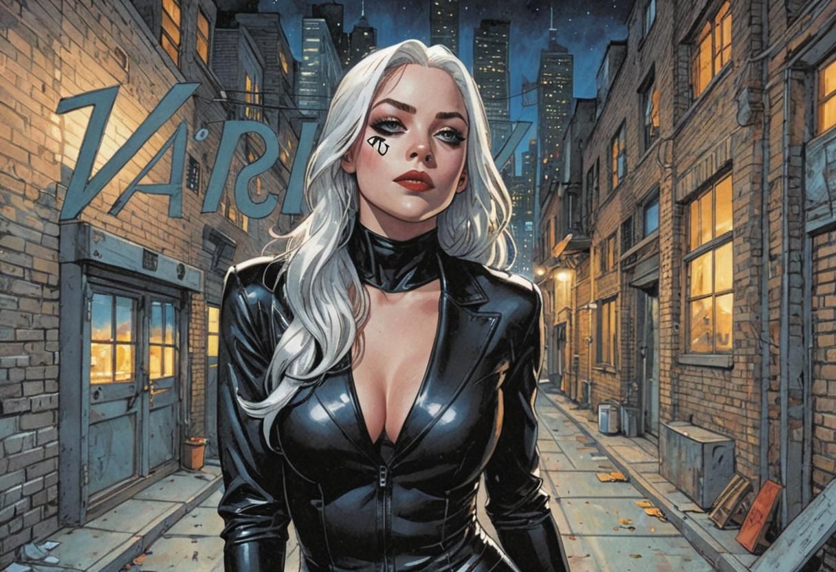 Black Cat Superheroine on Rooftop Comic Book Art