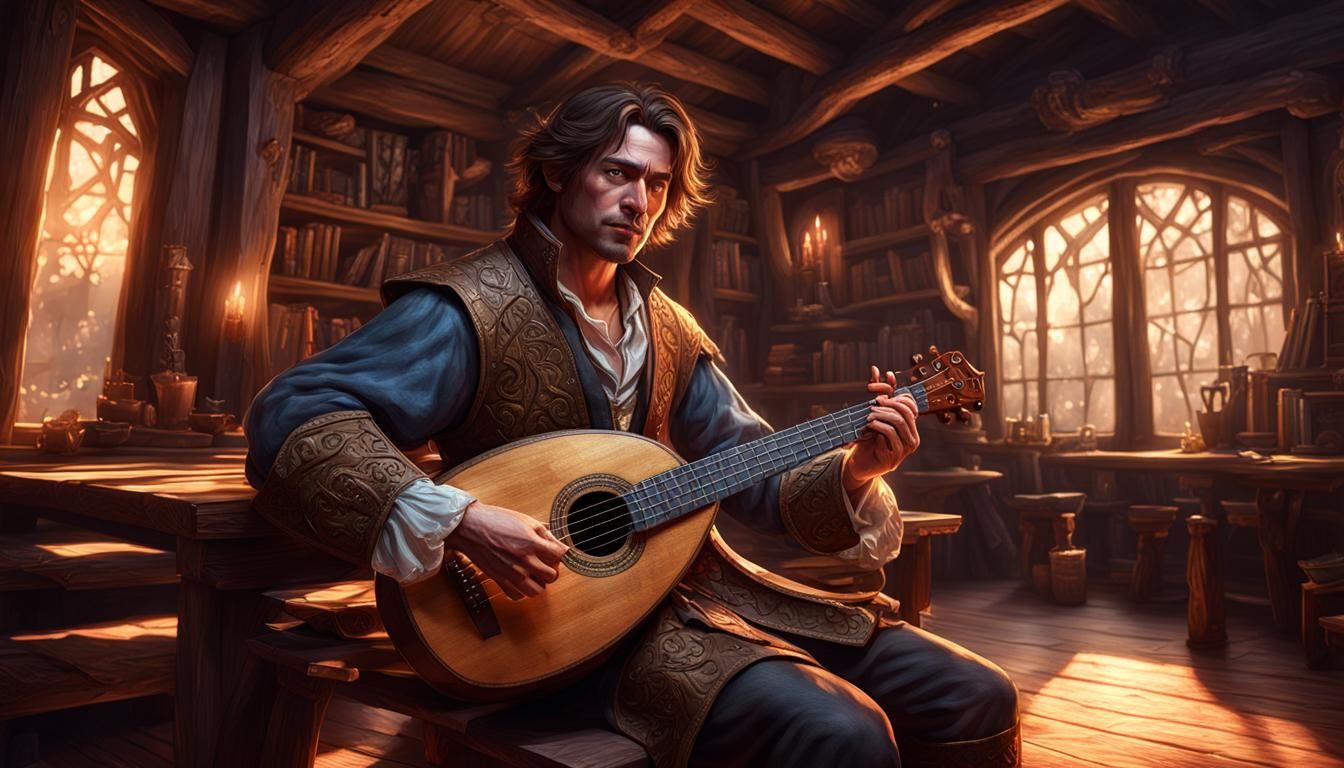 Fantasy Bard Playing Lute in Dark Fantasy Style