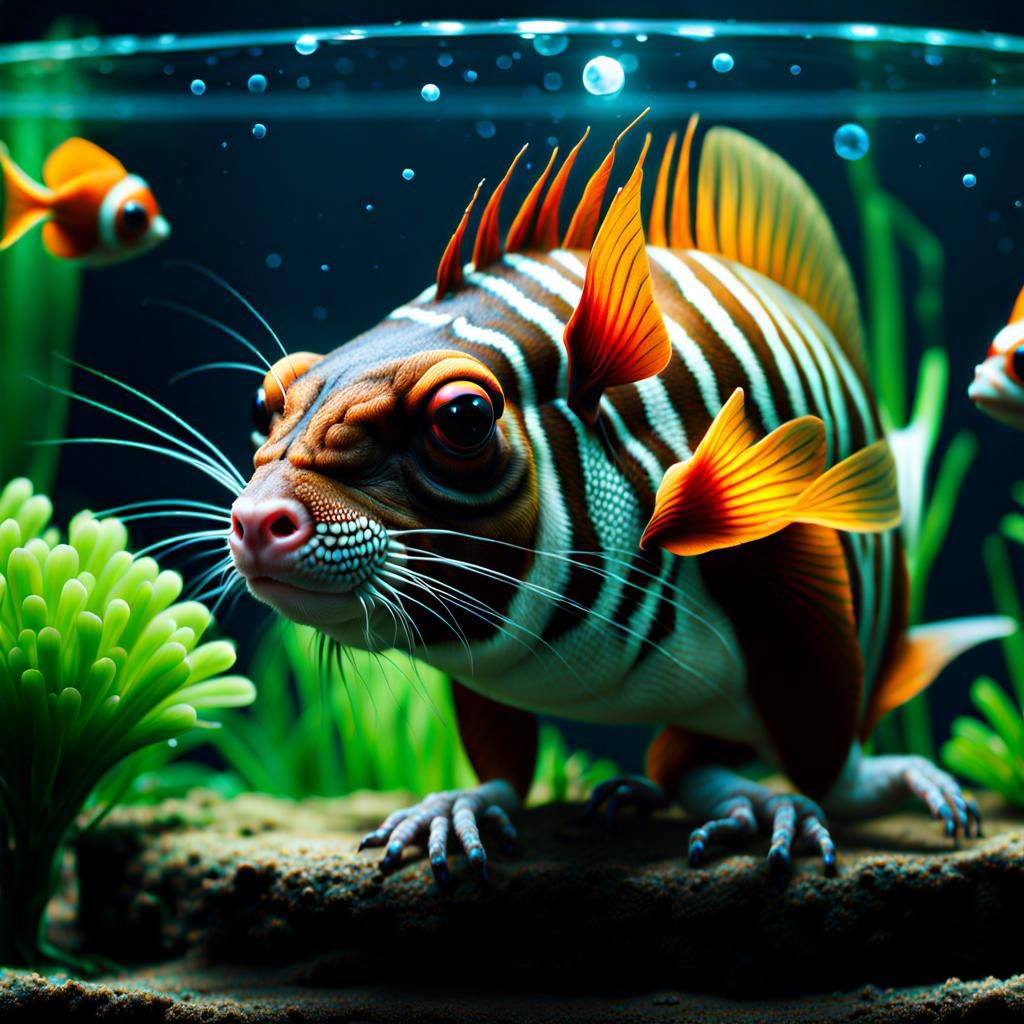 Hyperrealistic Monkey Fish Squirrel in Tank