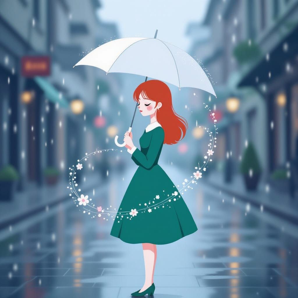 Rainy Morning Street Scene with Minimalist Girl Drawing