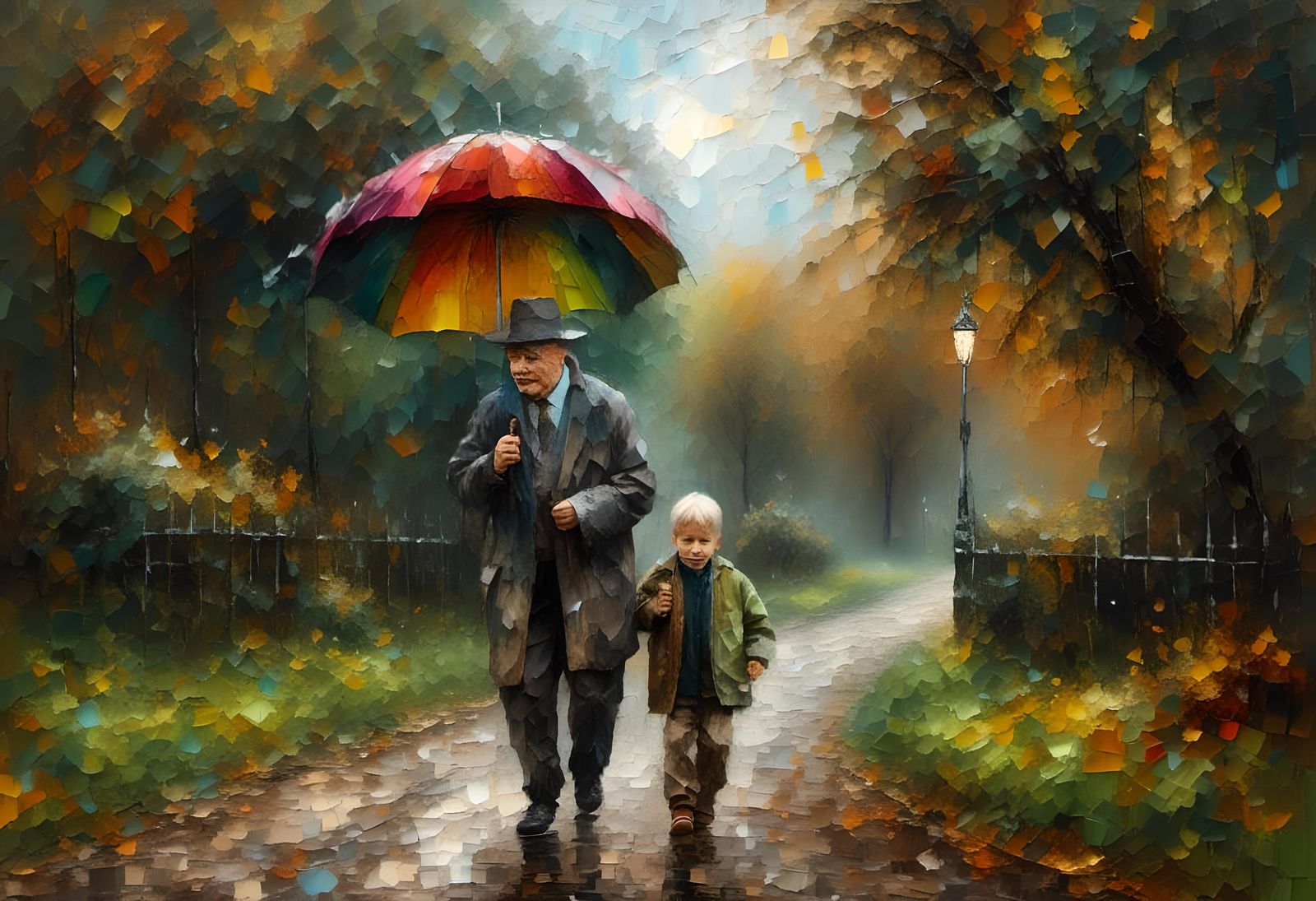 Autumn Walk: Grandfather and Grandson in Oil Painting Style
