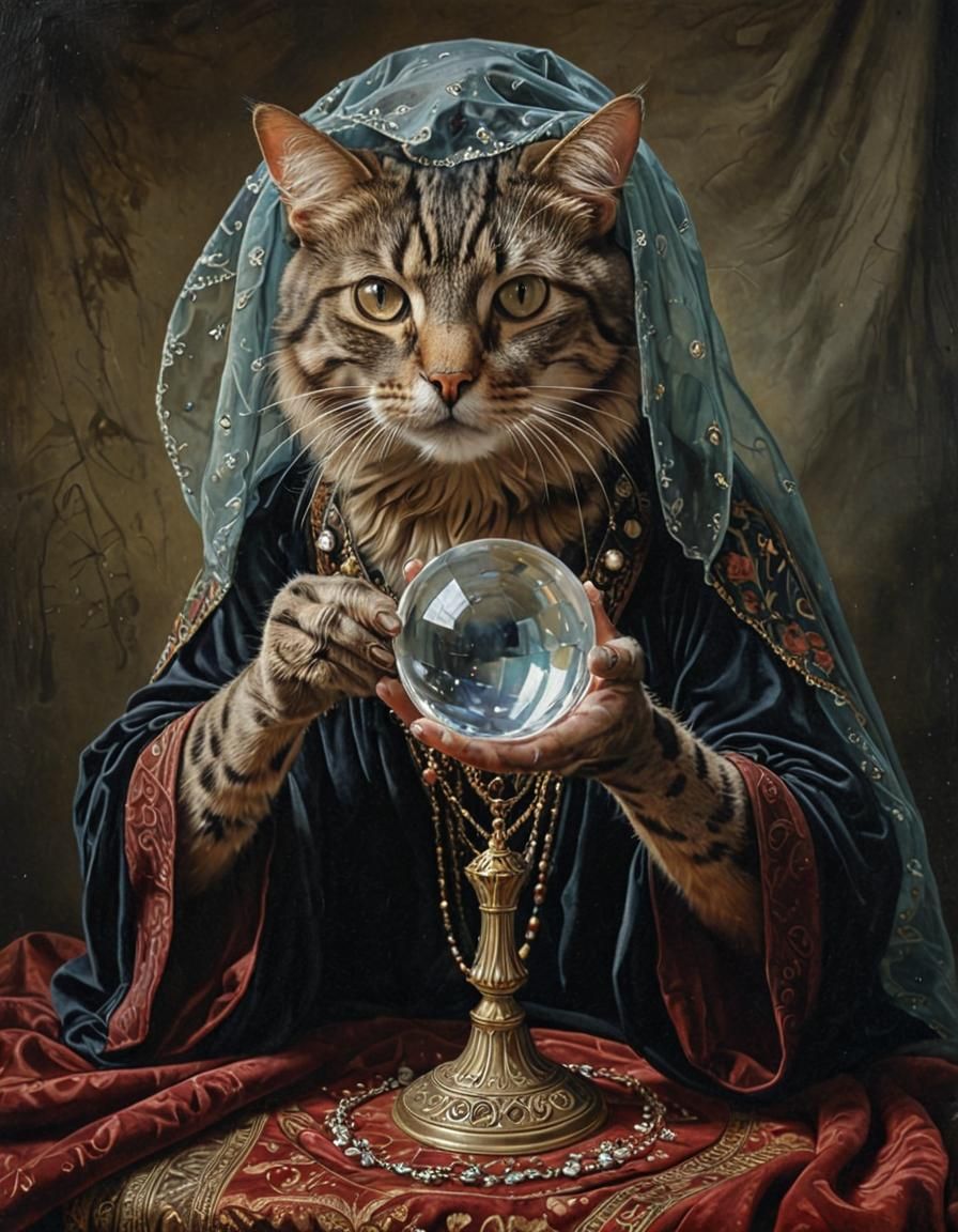 Surreal Fortune Teller Cat Portrait in Oil Painting Style