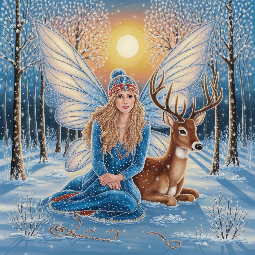 Surreal Winter Fairy with Deer in Shining Colors