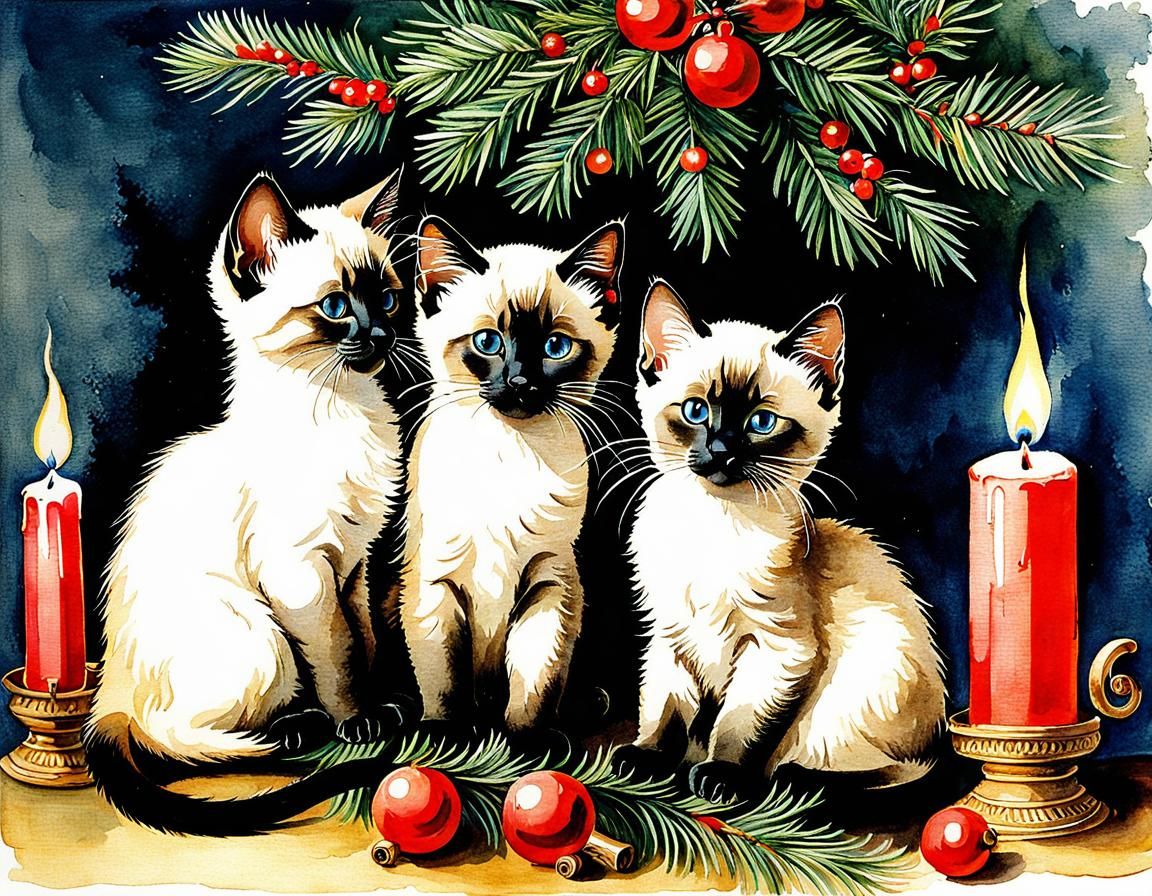 Siamese Kittens Play Around Christmas Tree, Aquarelle Style