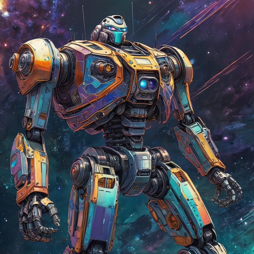 Cosmic Vorticism: Colossal Robot Mecha in Celestial Blues