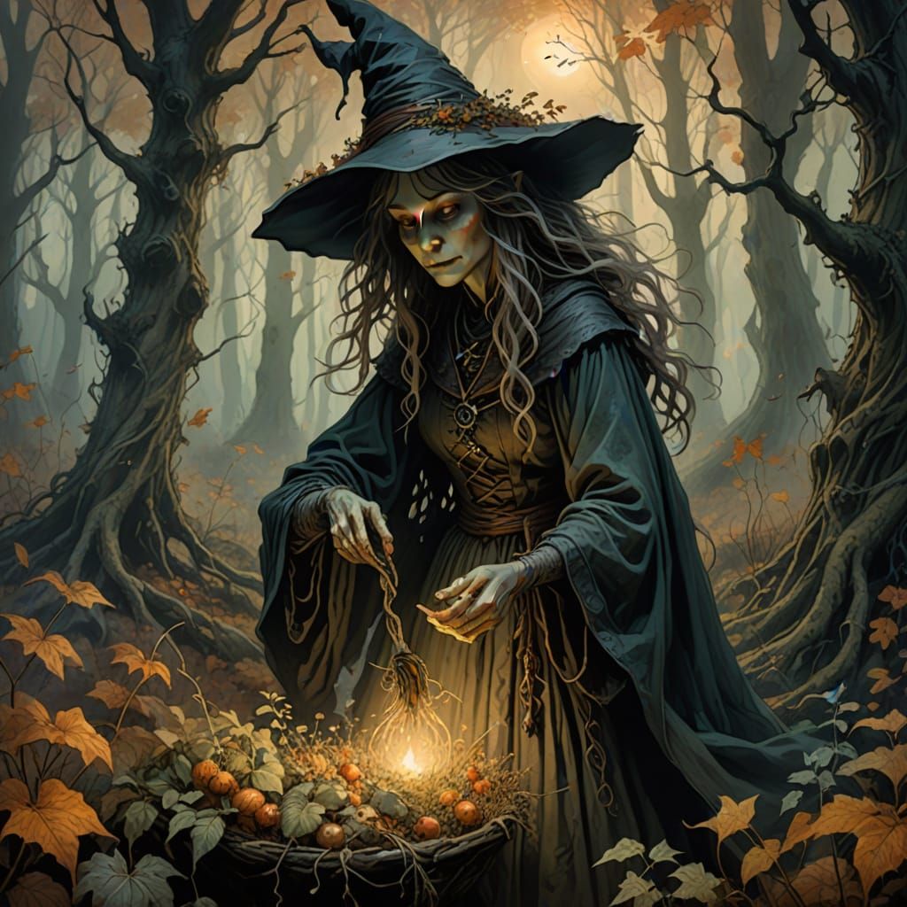 Enchanting Autumn Witch Gathering Herbs in Misty Forest