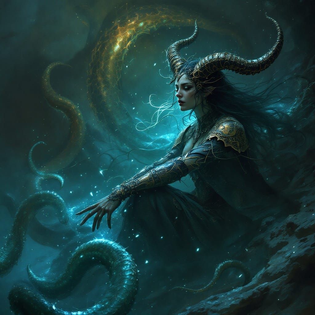 Ethereal Goddess Ensnared by Bioluminescent Tentacles in Dar...