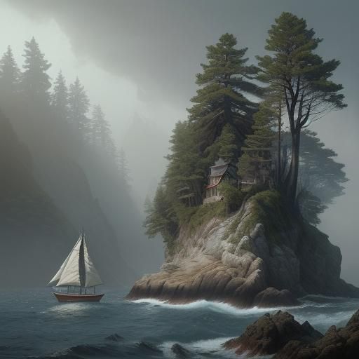 Sailboat on Coniferous Coast: Digital Matte Painting