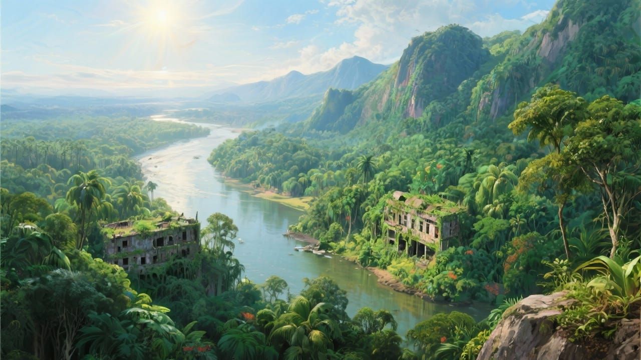 Lush Jungle Vista With Overgrown Ruins