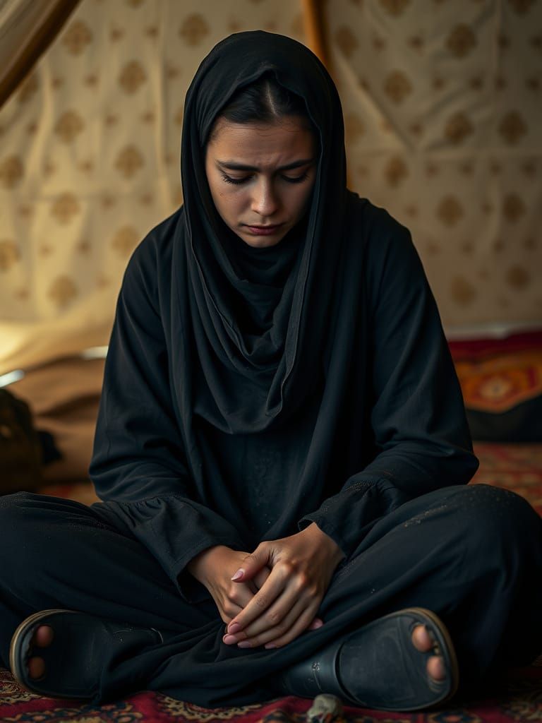 Desperate Young Middle Eastern Woman in Tattered Tent