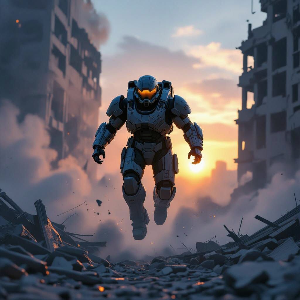 Doom Trooper Leaps from Collapsing Skyscraper at Twilight