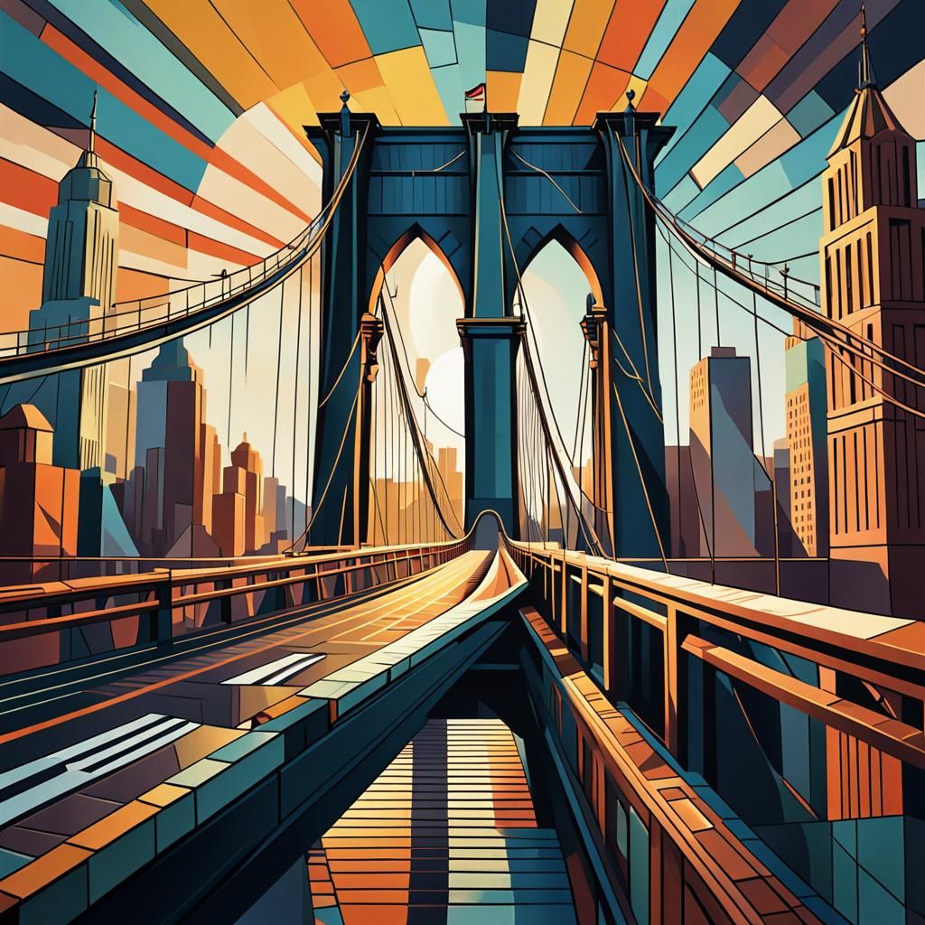 Brooklyn Bridge Sunset in Cubist Art Deco Style