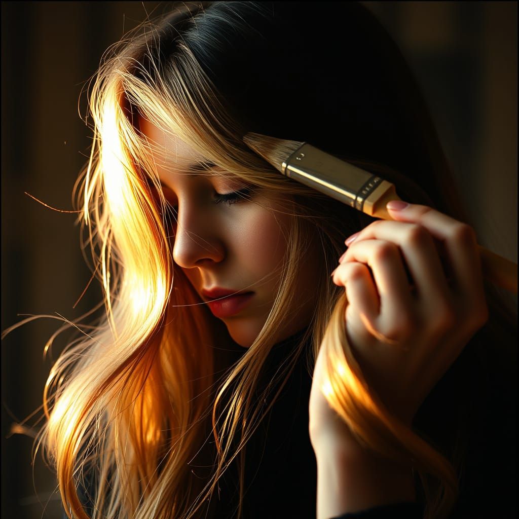 Person Brushing Hair with Paintbrush in Cinematic Style