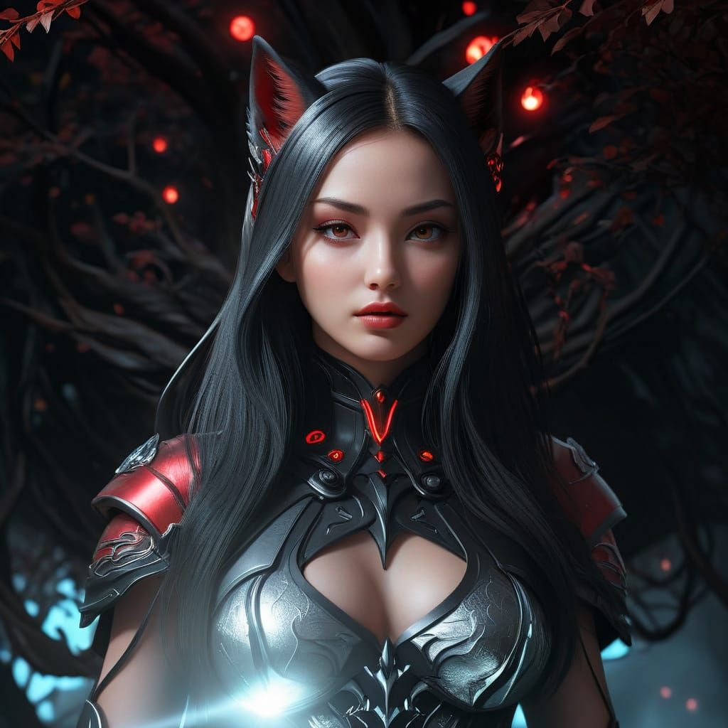 Futuristic Kitsune in Sci-Fi Armor Under Magical Tree