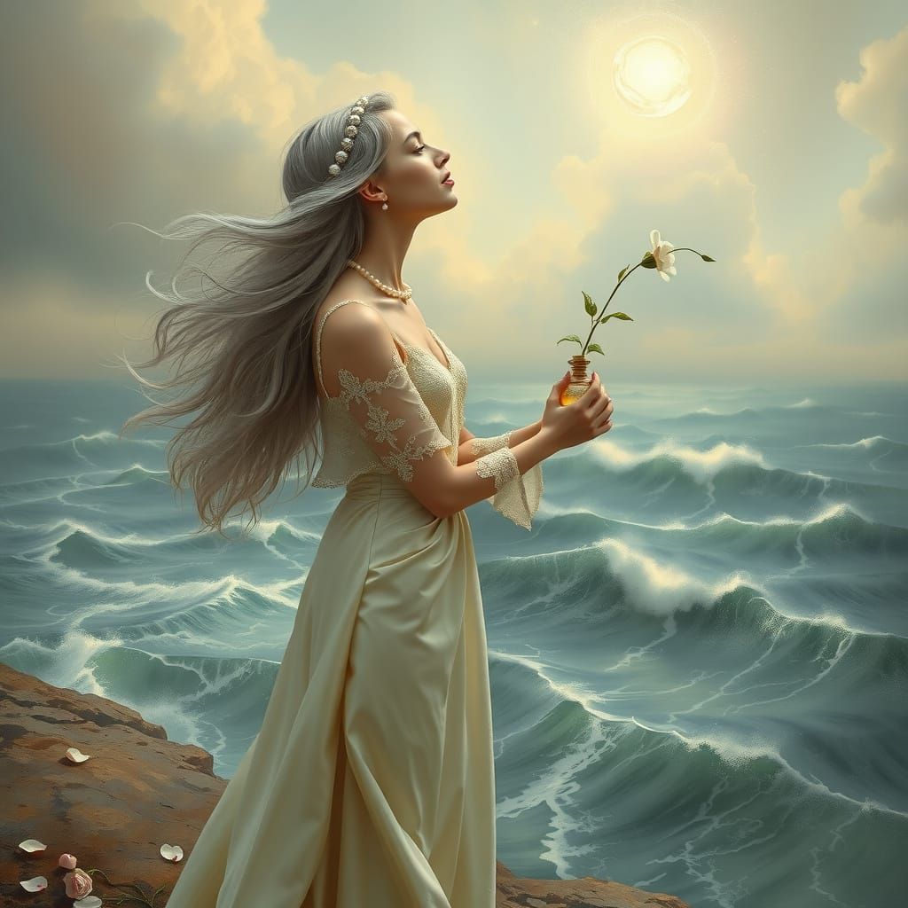 Ethereal Woman Contemplates the Celestial Sea in Dreamy Symb...