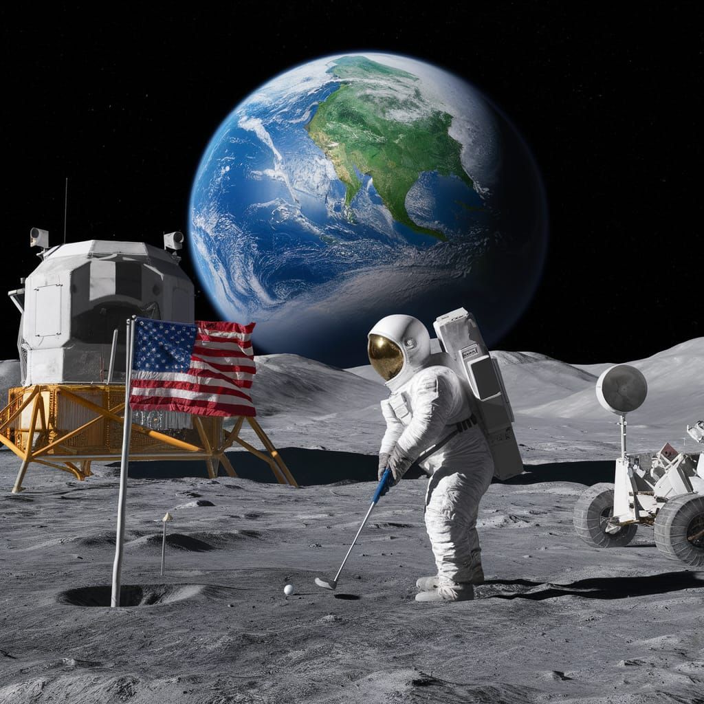 Astronaut Golfing on the Moon with Earth