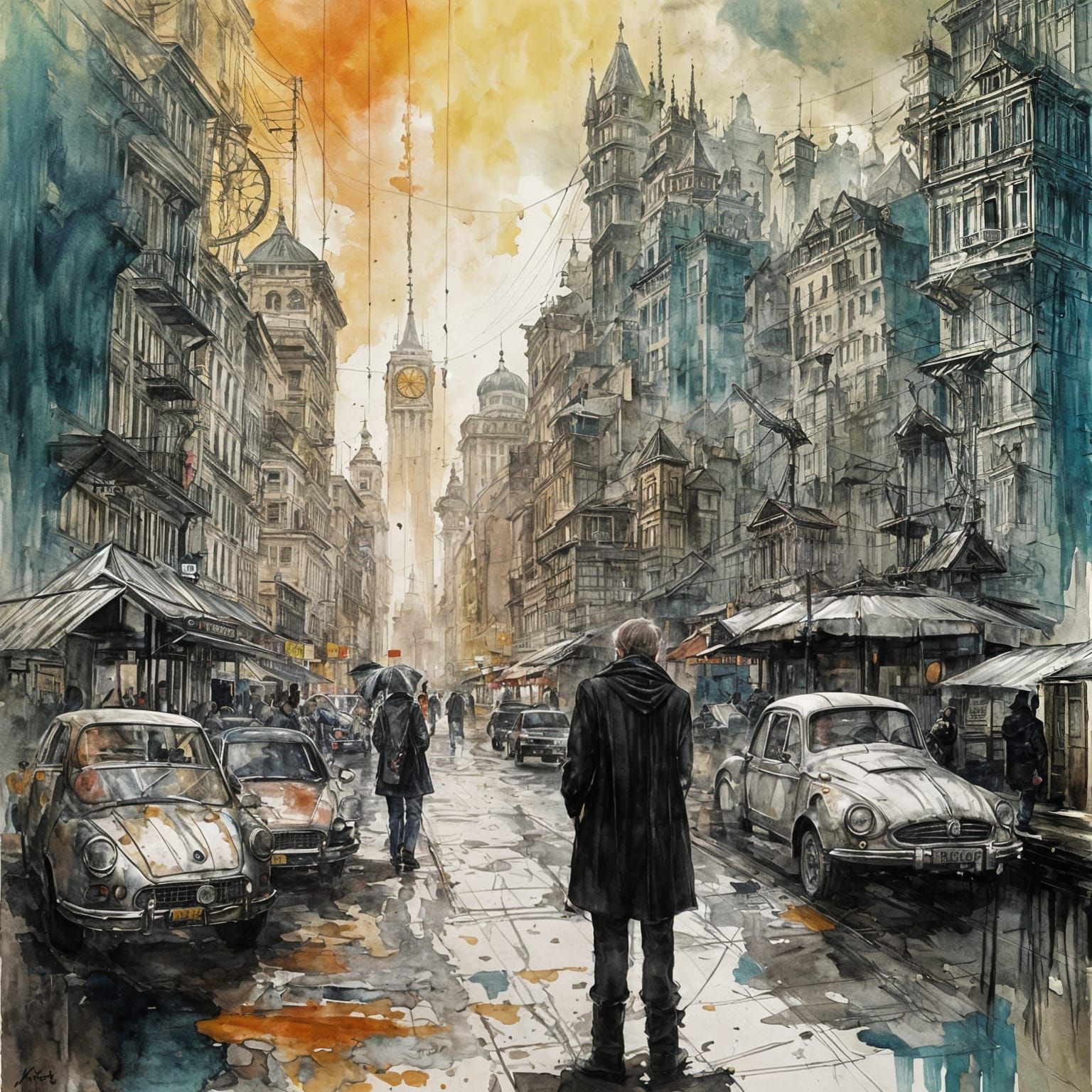 Ancient Marketplace Meets Future in Gouache Style