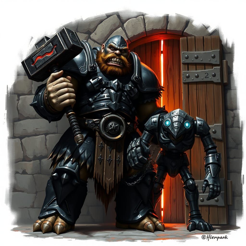 Ogre Warrior and Iron Golem in Dark Fantasy Art
