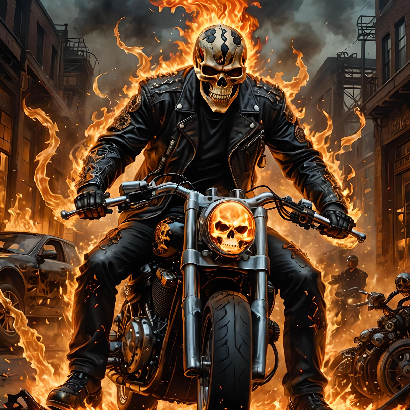 Steampunk Biomechanical Ghost Rider in Flames