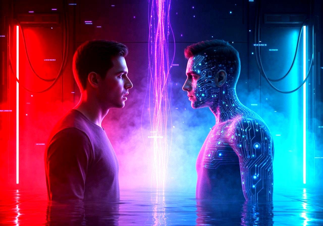 Human vs. Binary Double in Futuristic Chamber