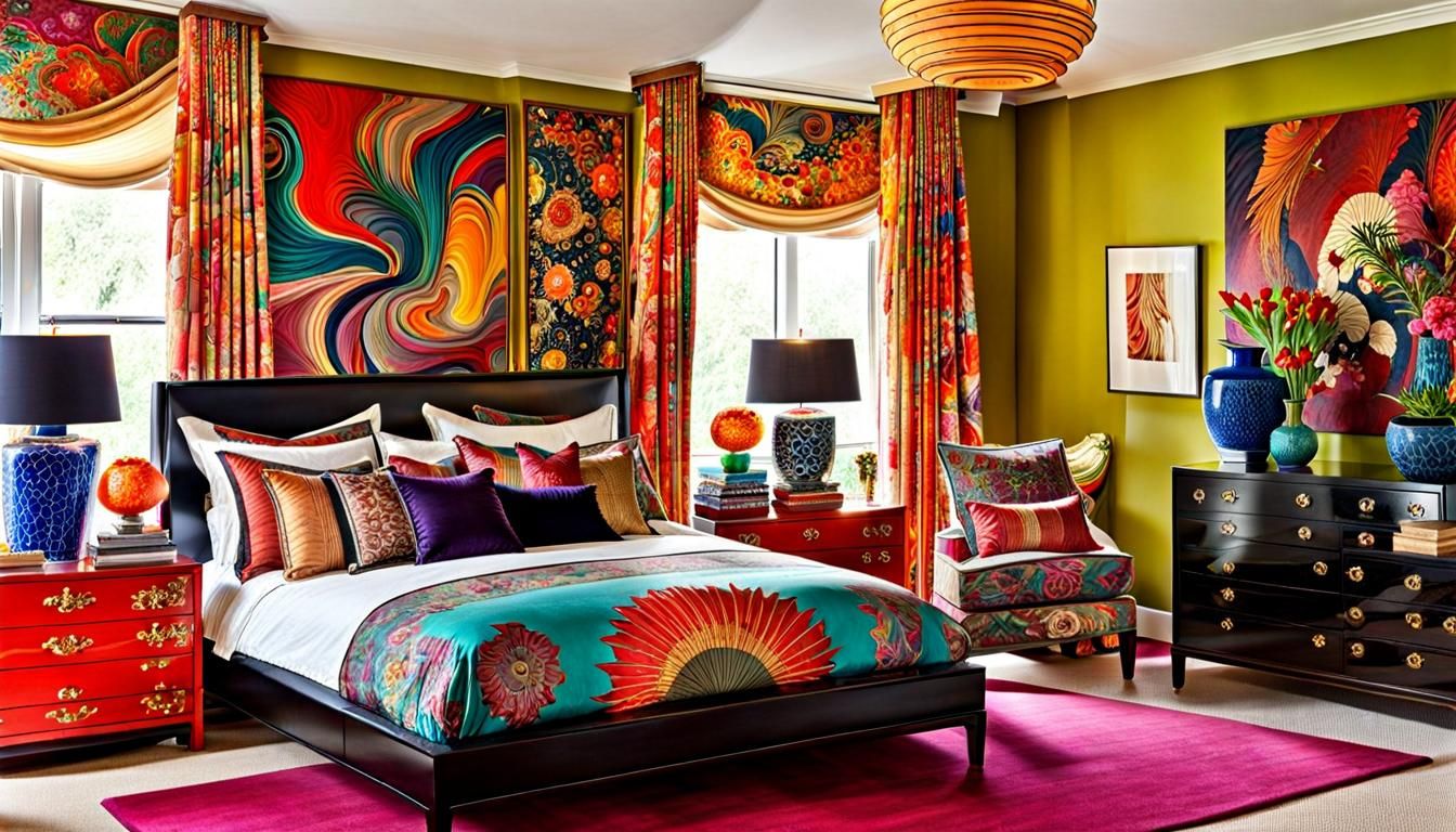 Maximalist Bedroom with Asian Furniture and Art