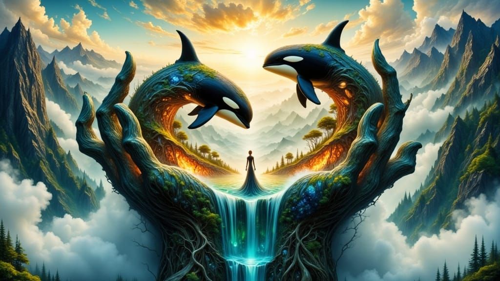 Ethereal Hands Cradle Majestic Orca in Dreamlike Scene