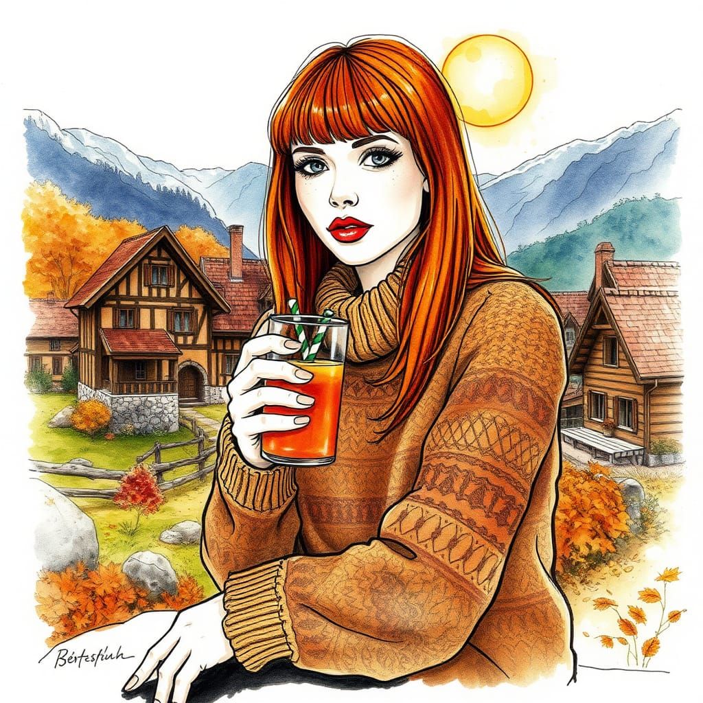 A stunning woman, ginger straight hair, bangs, make up, red lips, bar, drinking juice , brown and yellow woolen turtlen...