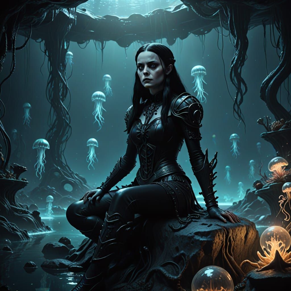 Wednesday Addams in Ariel's Underwater Realm, Dark Surrealis...