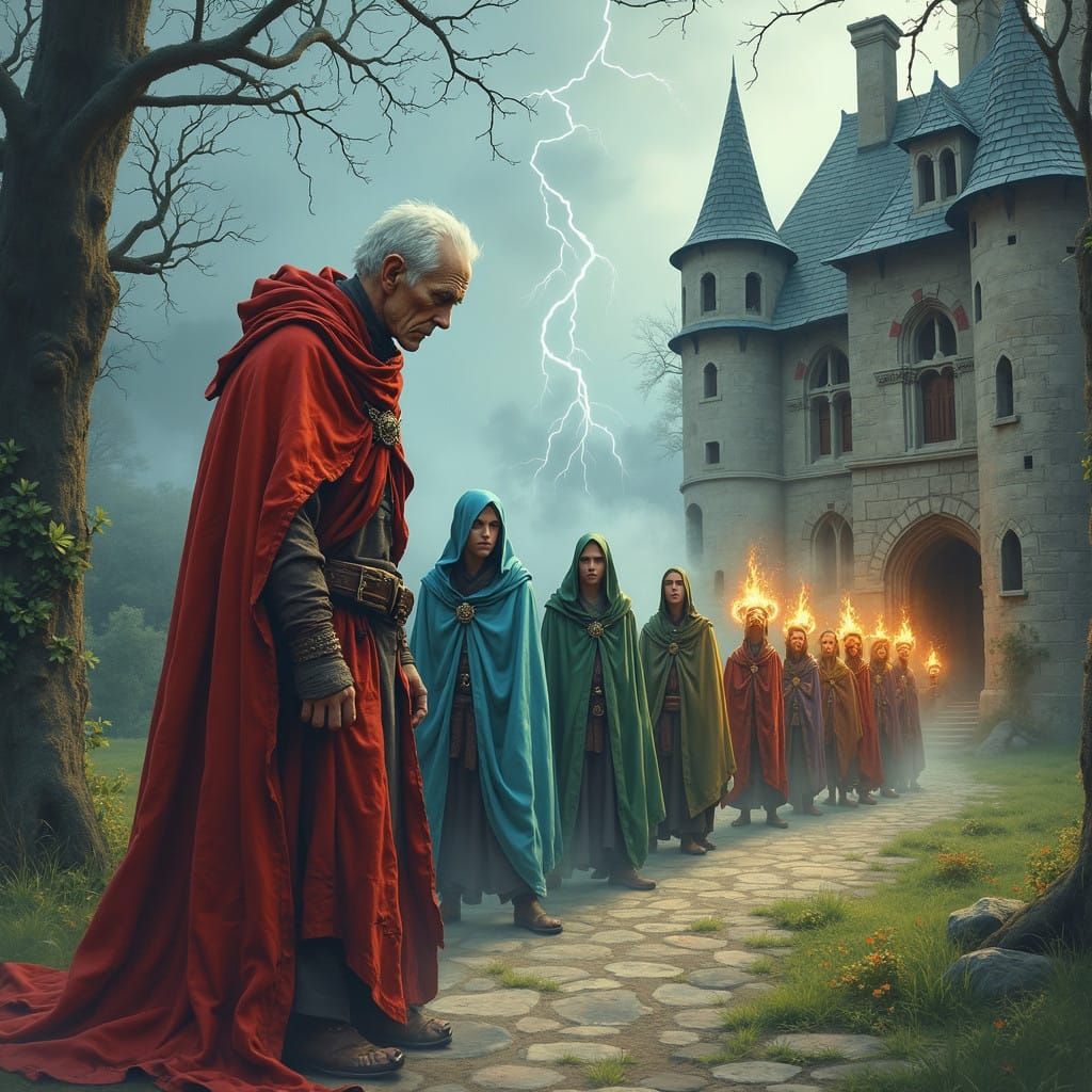 Ethereal Medieval Sorcerers Gather in a Dilapidated Estate