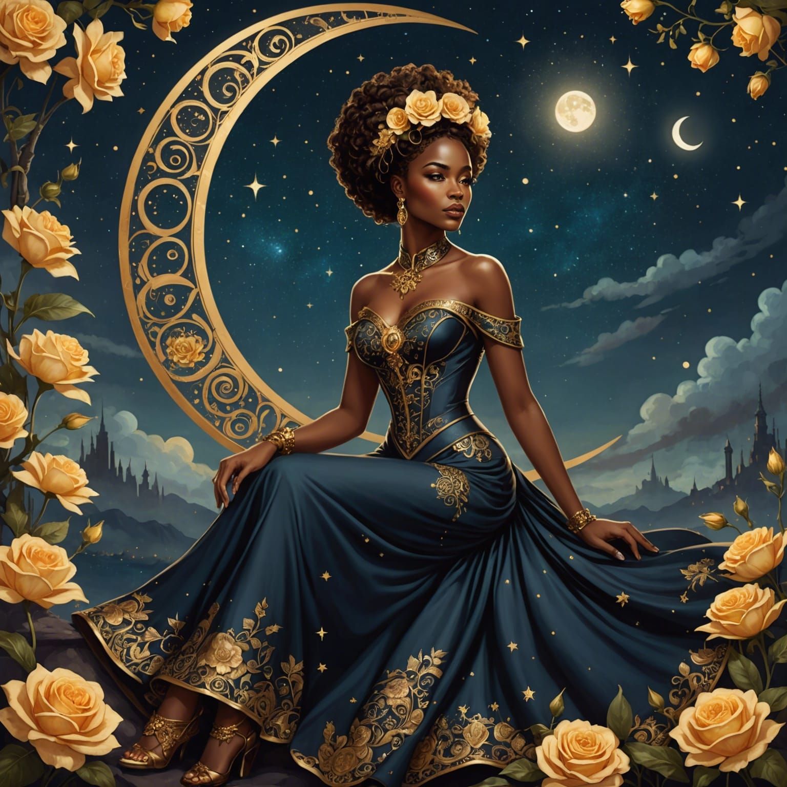 Steampunk Woman on Moon with Flowers