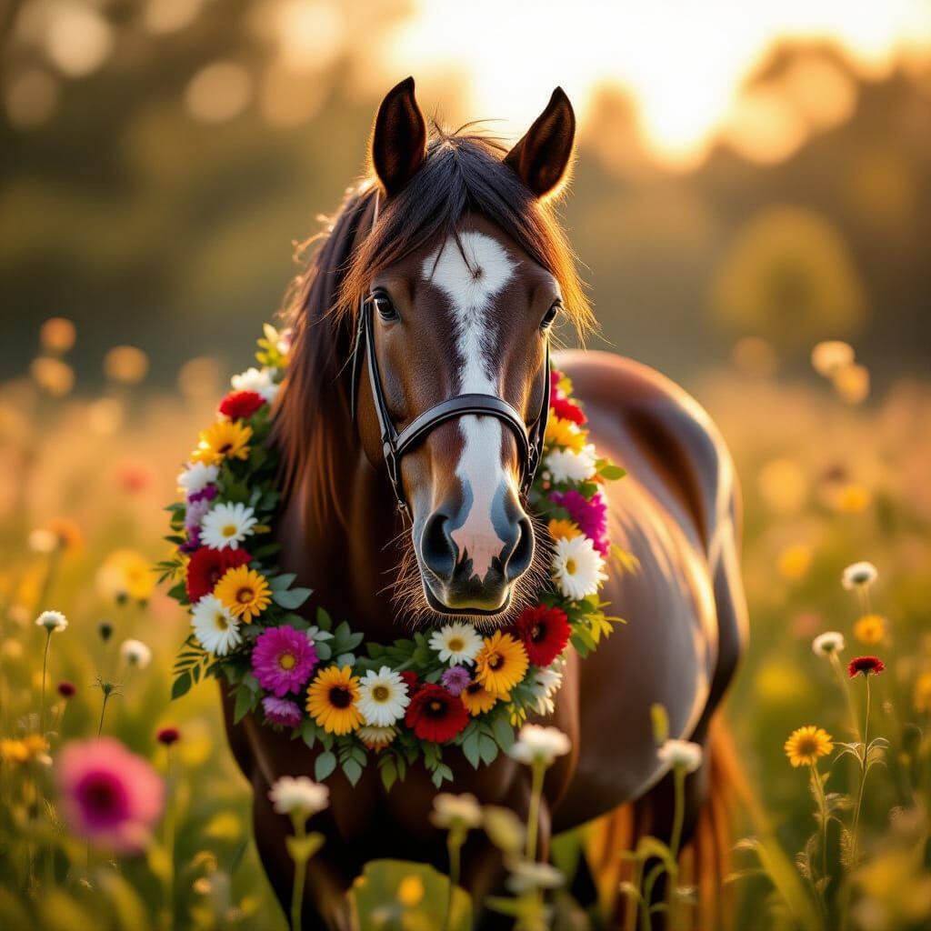 Majestic Draft Horse with Flower Garland in Golden Hour Mead...