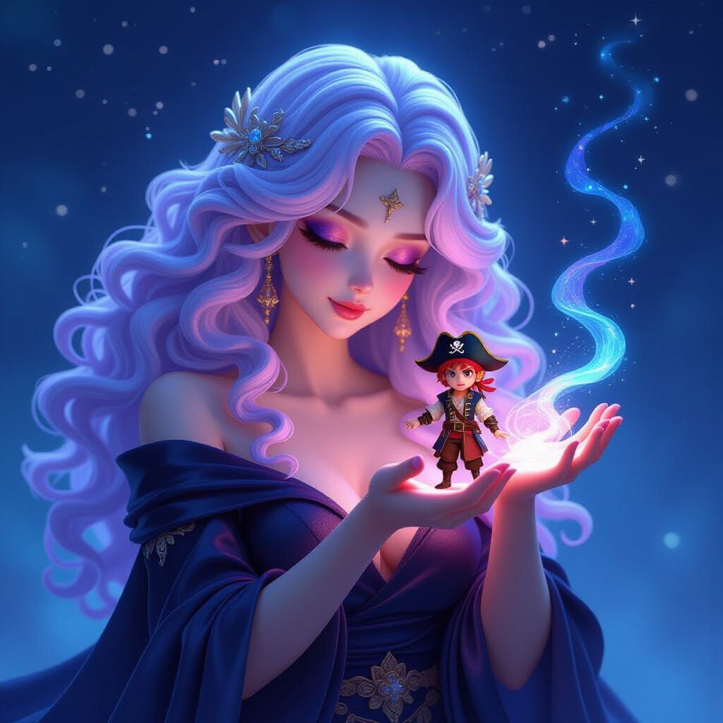 Ethereal Goddess with Tiny Pirate: 3D Anime Art