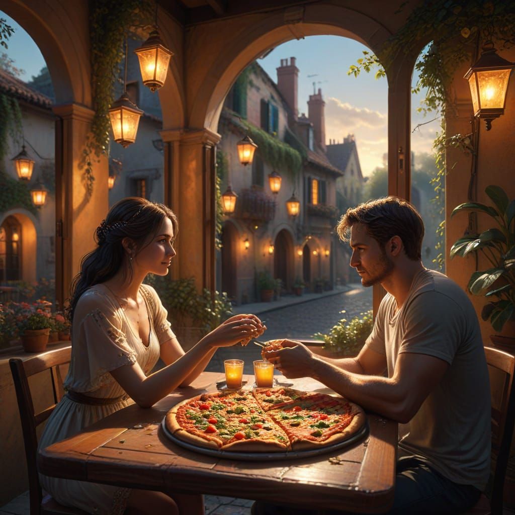 Romantic Pizza Date in Floral Courtyard at Sunset