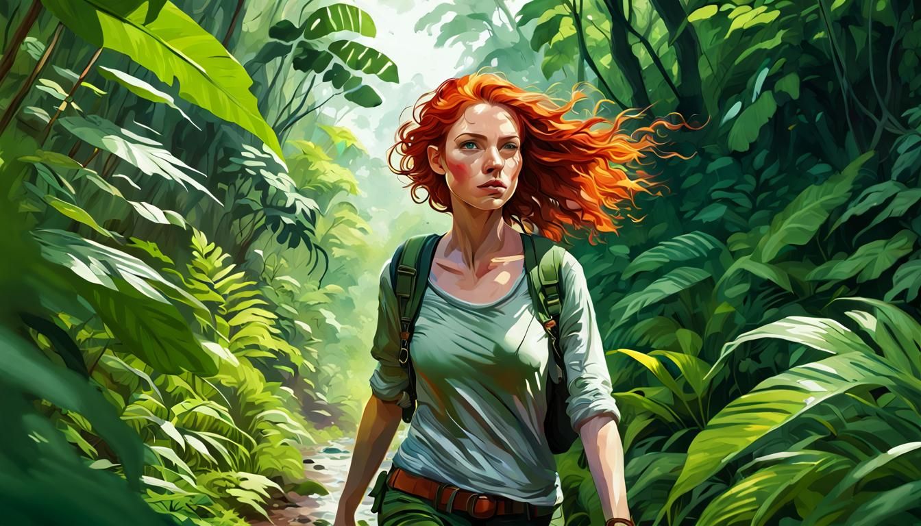 Redhead Adventurer in Jungle: Hyperrealistic Splash Art