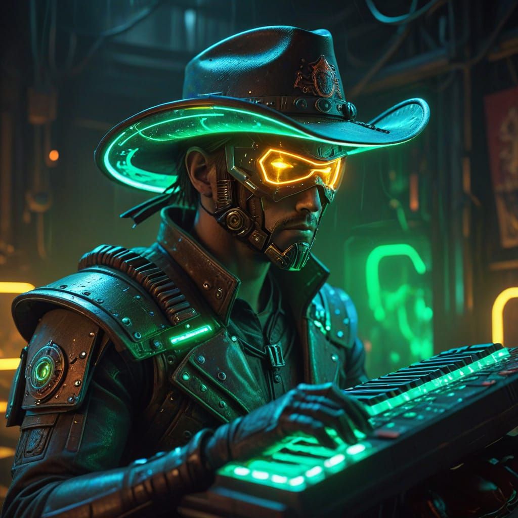 Keyboard Cowboy Rides Glowing Cyberpunk Keyboard