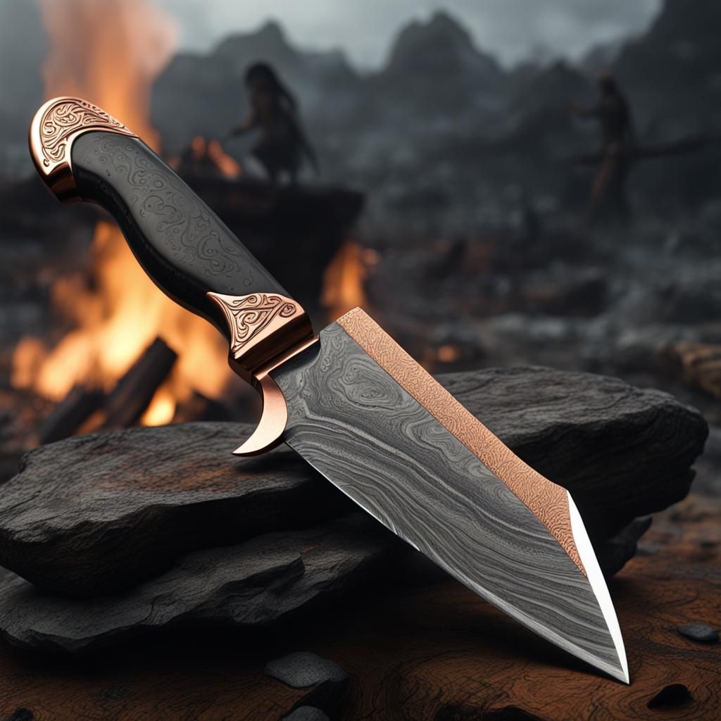 Damascus Steel Knife with Campfire: Digital Matte Painting