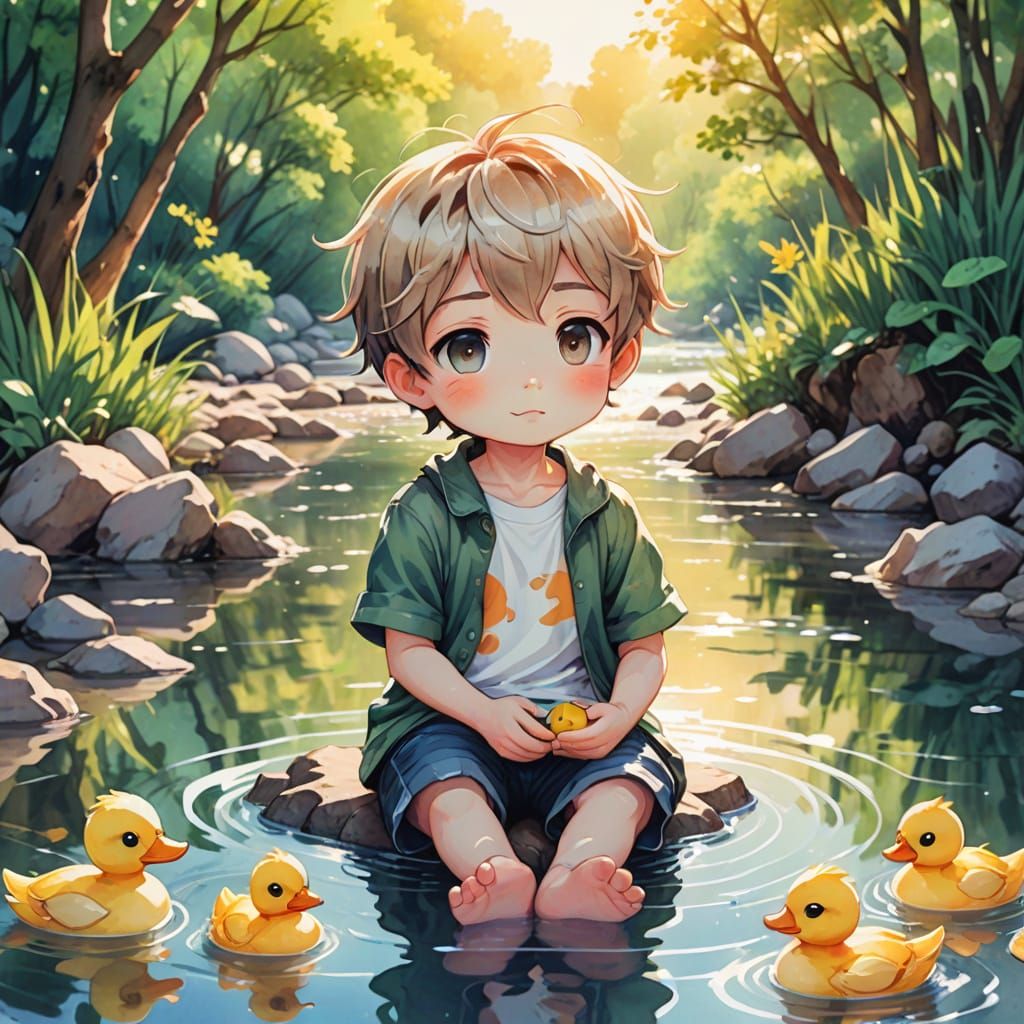 Vibrant Chibi Boy in River Oasis with Playful Duck