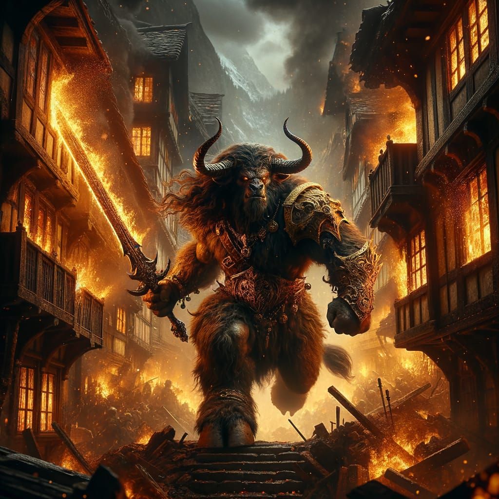 Minotaur Warrior Charges Through Burning Village