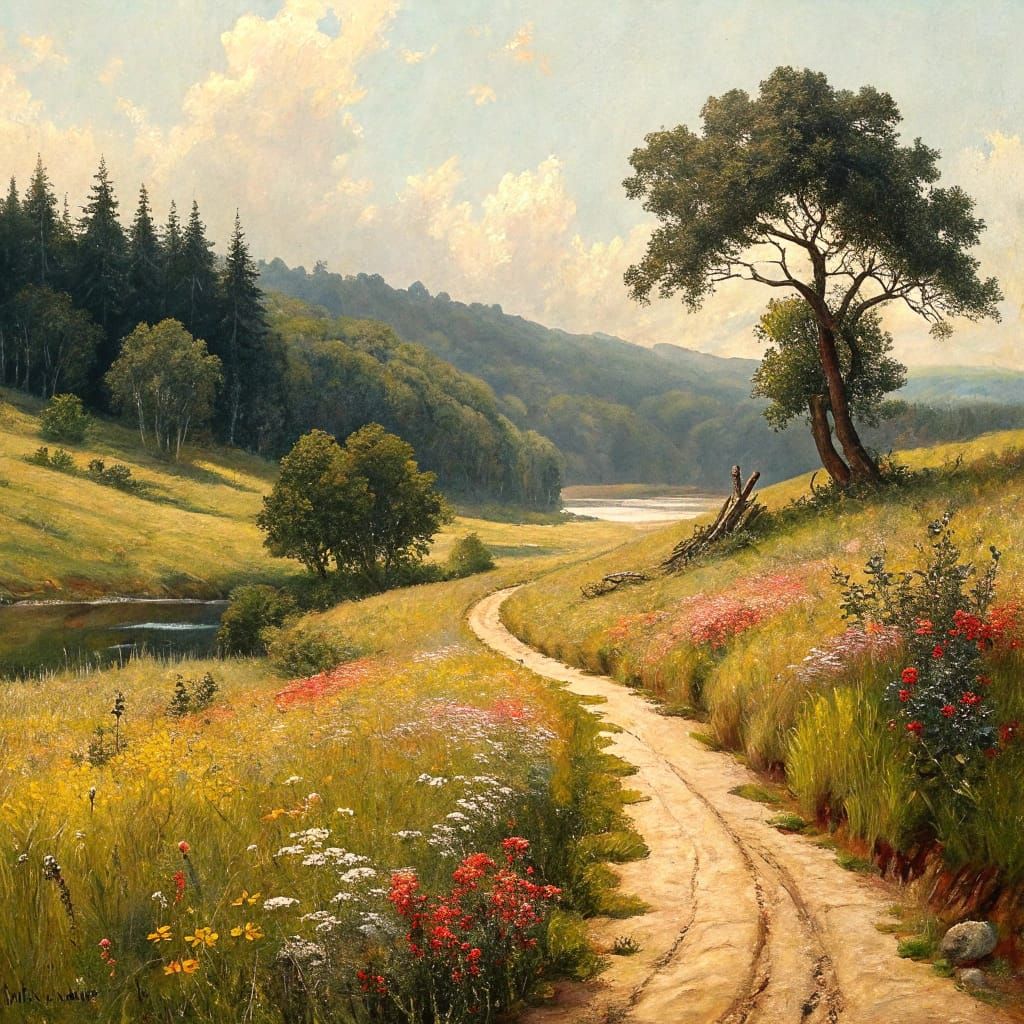 Hyperrealist Rural Landscape with Winding Path