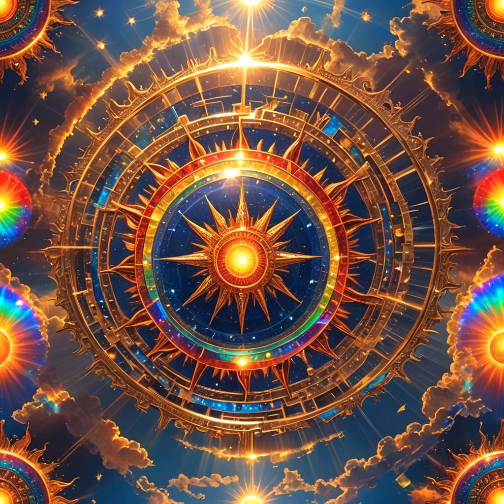 Rainbow Sun and Liquid Tesseract in Opalescent Digital Art