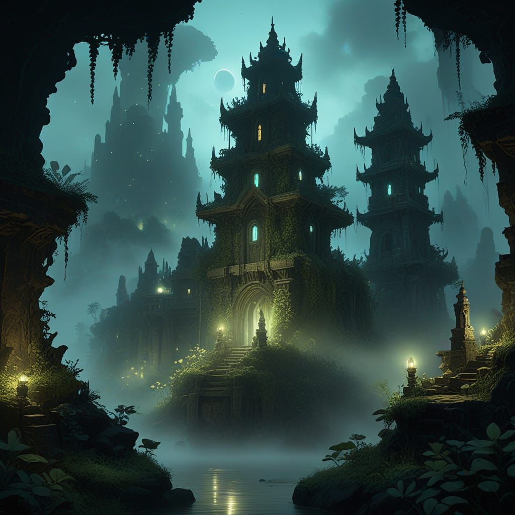 Mystical Fog-Shrouded City with Bioluminescent Flora