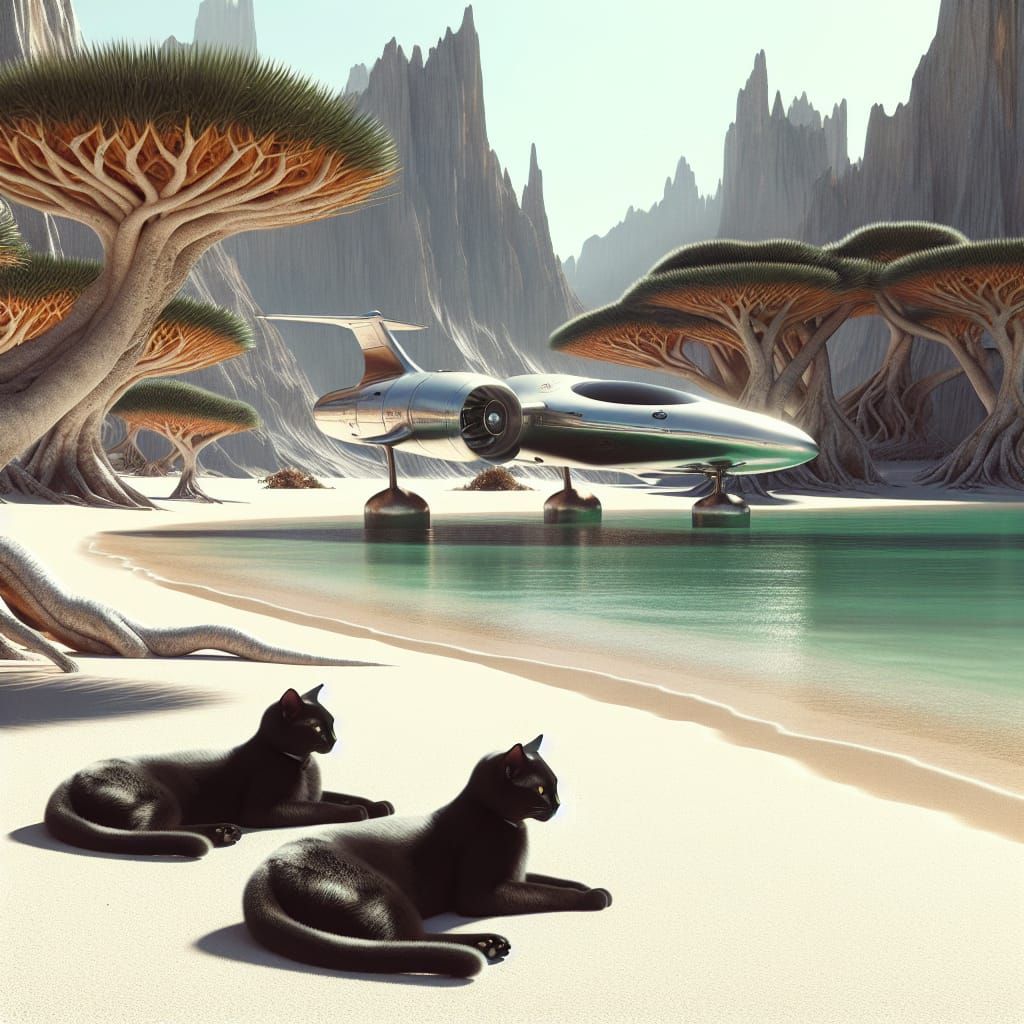 Ebony Felines on Alien Beach with Spacecraft
