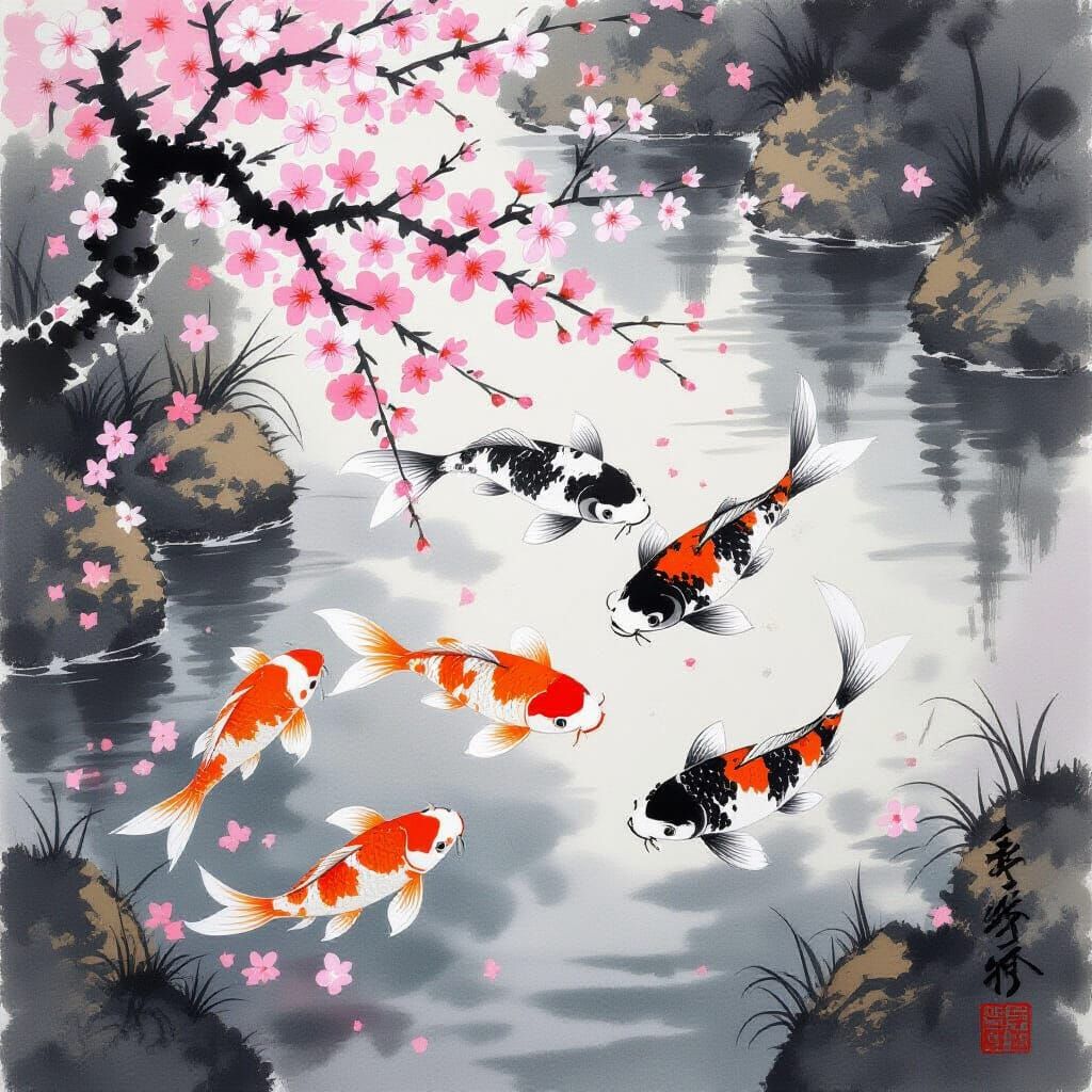 Japanese Ink Painting of Koi Fish and Cherry Blossoms