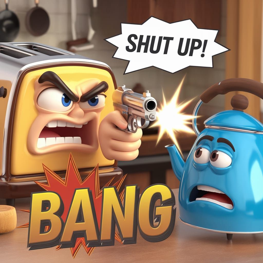 Toaster and Kettle Fight in Pixar Animation Style