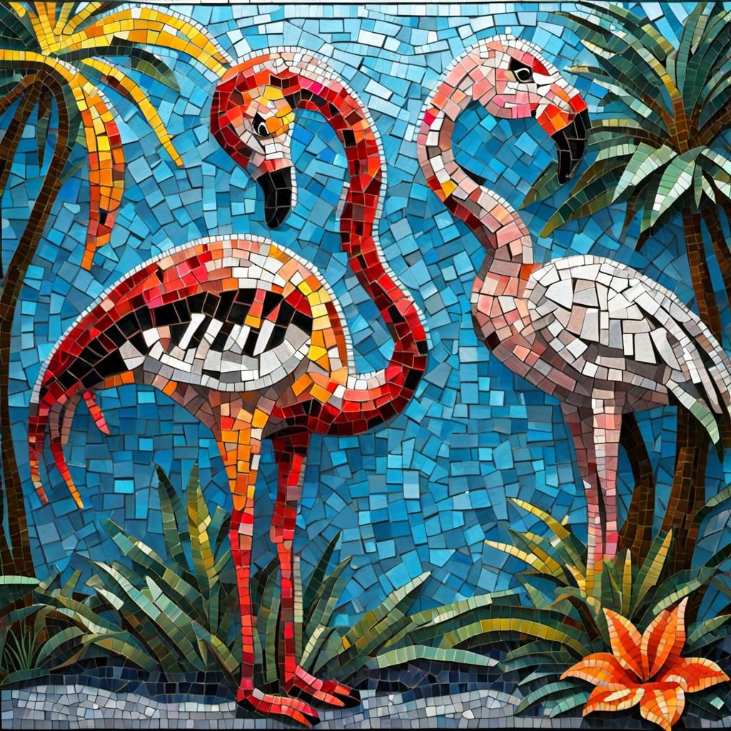 Neon Mosaic: Zebra and Flamingo in the Tropics