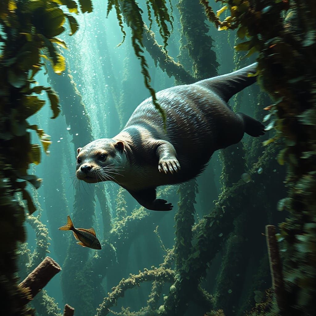 Giant Otter in Iridescent Kelp Forest