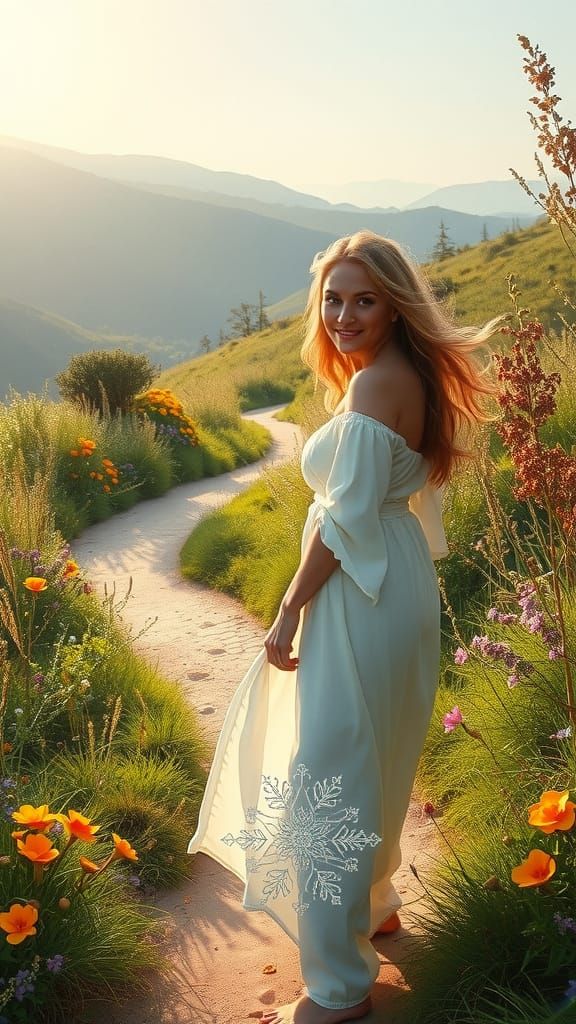 Serene Woman Strolls Through Vibrant Wildflowers