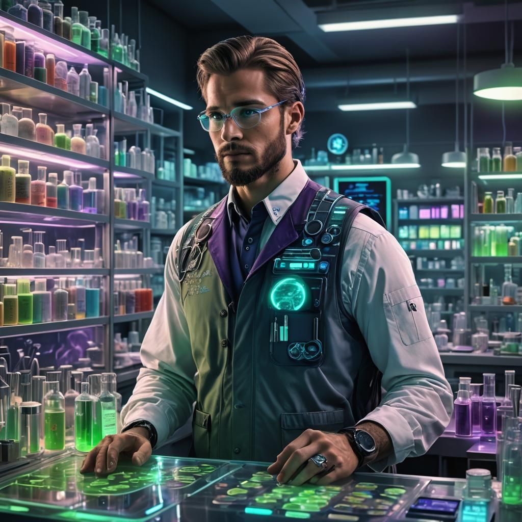 Bio-Hacker in Lab with Bioluminescent Tattoos