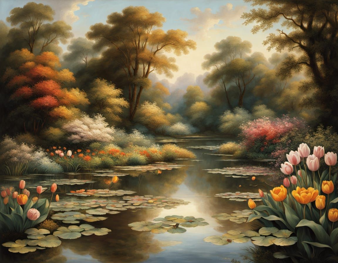 Landscape with pond and beautiful garden of flowers in style...