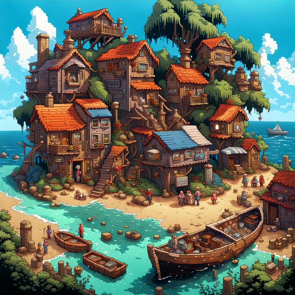 Whimsical 8-bit Seaside Village in Pixel Art